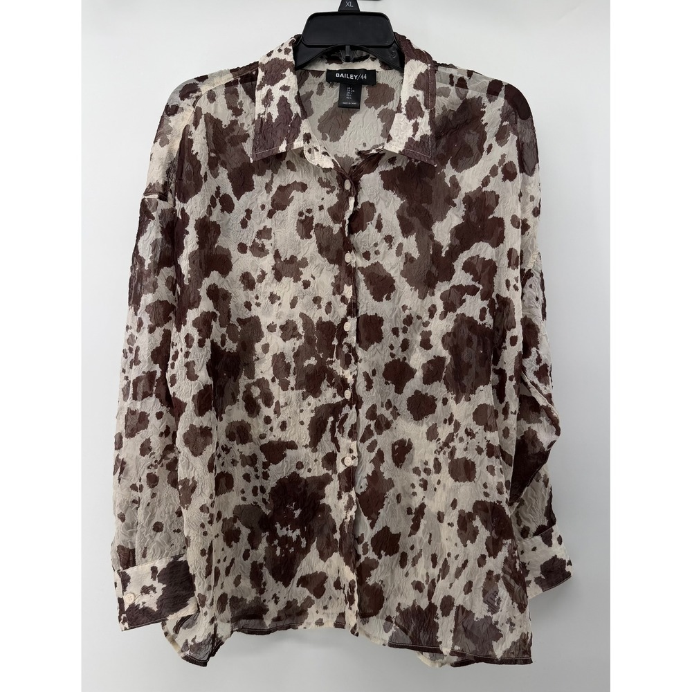 Bailey 44 Cow Print Crinkled Button Down Shirt Brown Cream Womens Large L